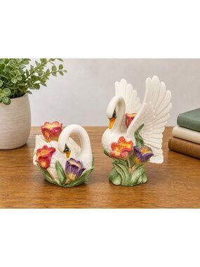 Fitz & Floyd Swan Candle Holders Floral Ceramic Pair Vintage White